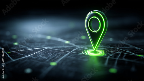 A glowing location marker placed on a digital map illustrating navigation, destination identification and modern geolocation technology.
