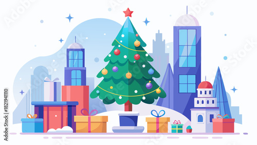 Very beautiful minimalist Christmas celebration scene in the United States, featuring a solitary Christmas tree on a clean white background, evoking a calm, serene, and modern festive atmosphere.