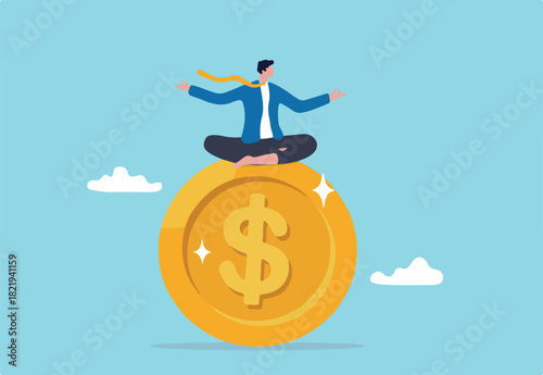 Financial guru or expert, behavioral finance mindfulness for wealth management, money and investment advisor concept, smart businessman meditate and floating on big golden money dollar coin. 