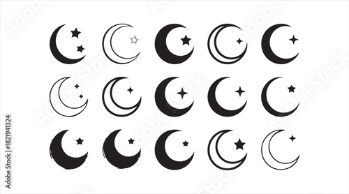 Set of crescent moon and star silhouettes for celestial, night sky, and spiritual artwork