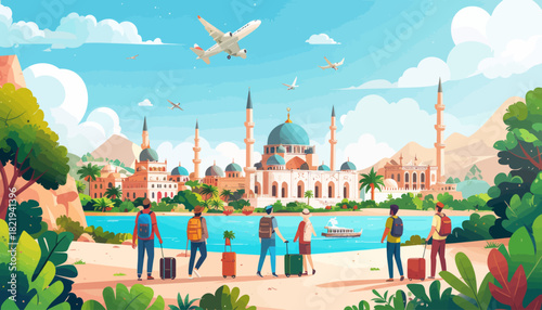 Tourists with luggage near mosque and airplane