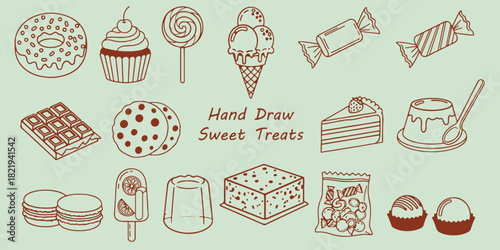 Hand Draw Sweet Treats, Collection Of Donut Cupcake Ice Cream And Chocolate Symbols For Dessert Design Project Management And Food Applications


