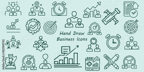 Hand Draw Business Icons, Collection Of Team Graph Target And Clock Symbols For Corporate Design Project Management And Strategy Applications

