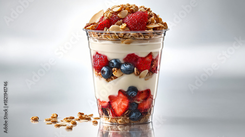 Yogurt parfait with fresh berry fruit and granola in cup