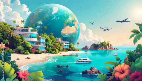 Tropical beach resort with large earth globe