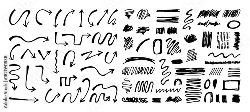 Hand drawn arrows, doodles, and scribbles element collection.