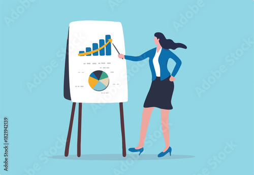 Financial data analysis report, statistic or economic research concept, businesswoman presenting graph and chart on board in the meeting.