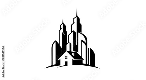 Minimalist black and white logo of a residential house against a modern city skyline.