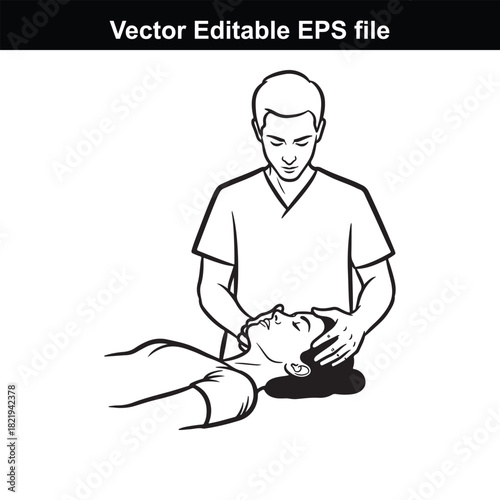 Medical professional performing a head massage on a patient lying down, isolated on white background