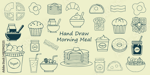 Hand Draw Morning Meal, Collection Of Pancake Egg And Yogurt Symbols For Breakfast Design Project Management And Food Applications

