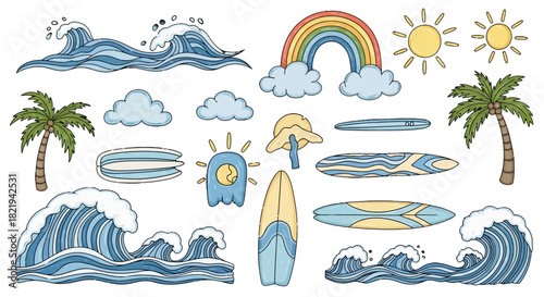 Collection of hand-drawn illustrations featuring ocean waves, rainbows, and surfboards, perfect for summer designs.