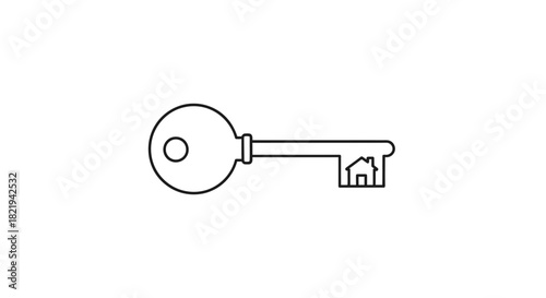 A line art drawing of a key with a house-shaped bit, symbolizing home ownership or security and real estate concepts.