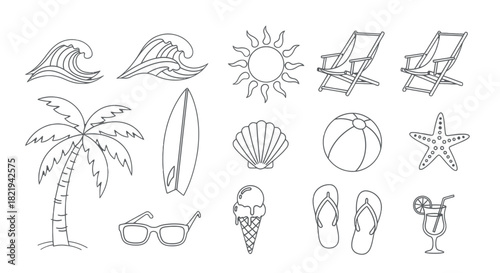 A collection of black and white line art icons representing summer, beach vacations, and tropical holidays.
