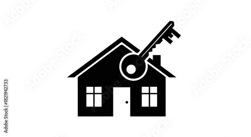 Black and white illustration of a house with a key, symbolizing home ownership and real estate.