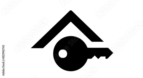 Black and white logo of a key under a roof.
