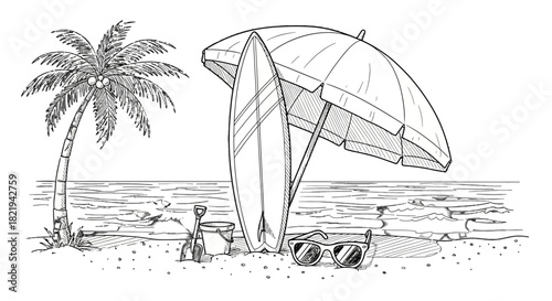 A black and white line drawing of a tropical beach with a palm tree, surfboards, and an umbrella.