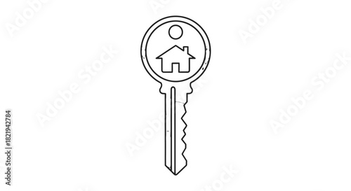 A simple black and white line drawing of a house key with a house symbol on its head.