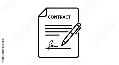 A black and white line icon of a contract document with a signature and a pen for signing.