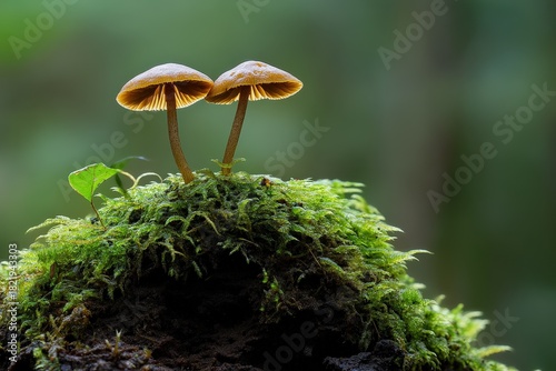 A captivating scene featuring two delicate mushrooms standing tall on a bed of vibrant green moss, symbolizing nature's resilience and beauty in a serene environment.