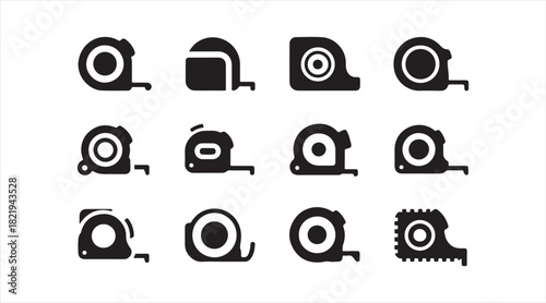 Black tape measure icon collection featuring retractable and circular measurement tools
