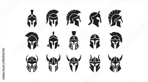 Ancient warrior helmet icon collection featuring crested, horned, and medieval designs