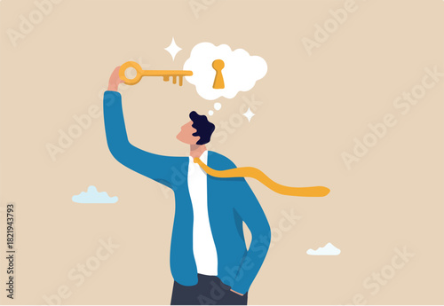 Unlock potential, discover key to solution solving problem, open mindset for new opportunity, think to develop idea, achievement or freedom concept, businessman put key to keyhole in thought bubble.