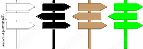 Direction signpost set in 3D: outline, black, wood, and green styles, pointing left and right