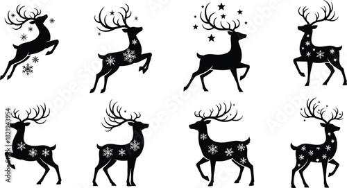 Elegant Christmas reindeer silhouettes with snowflakes and stars, festive winter deer illustration set for seasonal holiday artwork