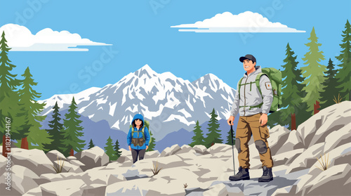Couple hiking the rugged mountain trail, surrounded by nature. Exploring the wilderness together on a mountain hike. Couple navigating a rocky mountain path on an adventure