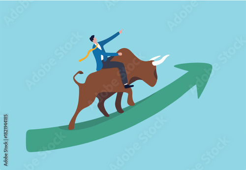 Stock market bull market, financial asset value and price rising up, investor and trader gain more profit concept, confident businessman investor riding bull running on rising up upward green graph
