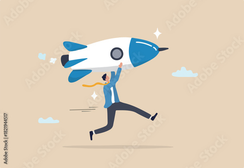 Solopreneur solo entrepreneur, working alone or startup business owner, founder or entrepreneurship, independent developer, freelancer concept, businessman entrepreneur launching company rocket alone.