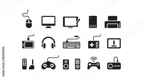 Set of electronic device and gadget silhouettes featuring computers, controllers, audio gear, and mobile icons
