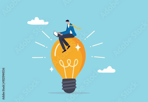 Entrepreneur solution, creative idea to solve work problem, success discover new innovation concept, smart businessman working with computer laptop on bright light bulb idea.