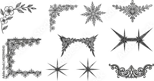 Elegant vintage floral and ornamental vector corner designs, decorative frames, starburst motifs, retro flourishes, intricate silhouette elements