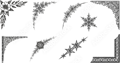 Elegantly detailed floral and ornamental corner designs, intricate decorative line art borders, vintage botanical elements for creative projects