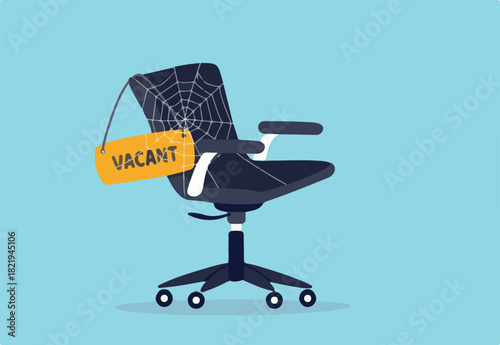 Labor shortage, worker needed not enough skill staff to fill in job vacancy, help wanted or employment demand concept, office chair with sign vacant covered by spider web metaphor of labor shortage.