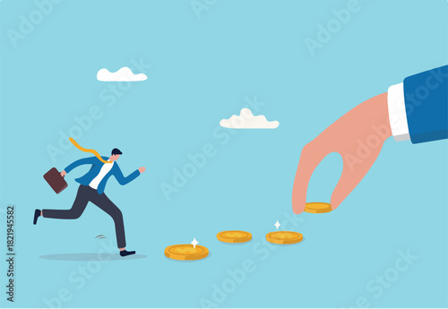 Follow the money, chasing for investment yield, profit or earning, change job for better salary or wages, greed or investing opportunity concept, greedy businessman running to grab money coin trail.