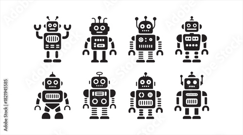 Set of retro robot silhouettes with antennas, gears, and mechanical cartoon designs for sci-fi artwork