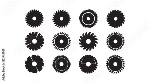 Set of circular saw blade silhouettes with diverse tooth designs for industrial and woodworking illustrations