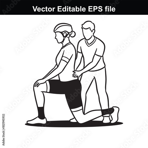 Line art illustration of a fitness trainer assisting a woman with a quadriceps stretch, isolated on white background