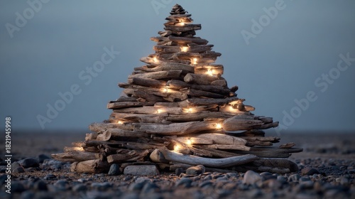 Fototapeta Naklejka Na Ścianę i Meble -  Christmas tree made from driftwood pieces arranged in coastal style,