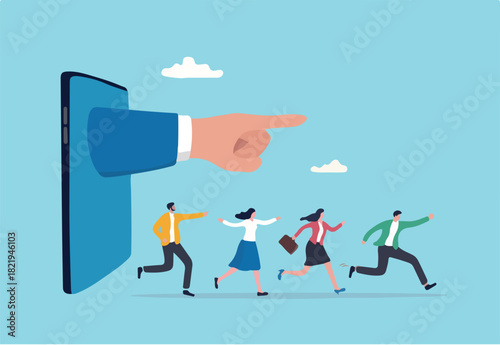 Thought leadership, influencer or key opinion leader, KOL, social marketing for advertising campaign lead or influence by expert person concept, hand pointing from mobile with people follow the way. 