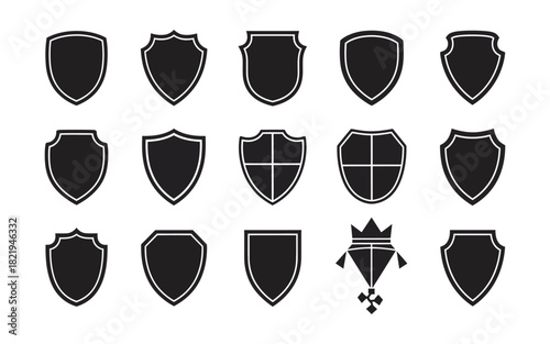 Collection of diverse black shield vector icons with white outlines, symbolizing protection, security, and vintage heraldry Vector