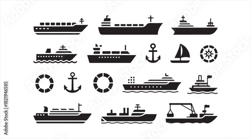 Black marine icon collection including cargo ships, sailboats, lifebuoys, and navigation symbols