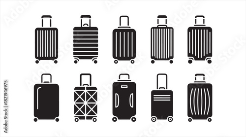 Set of modern suitcase silhouettes with wheels, handles, and patterned luggage designs for travel artwork