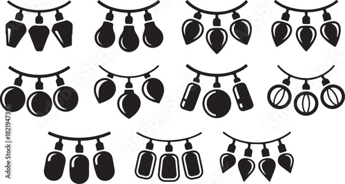 Assortment of black silhouette icons of hanging decorative light bulbs and strings on a white background Keywords: light bulb, string lights, decoration, festive, celebration, holiday, party