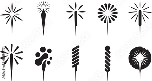 Assortment of Black Sparkler and Abstract Graphic Icons on White Background fireworks celebration