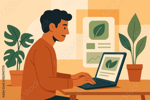 Flat captions style laptop startup founder emojis negative icon eco interface vector