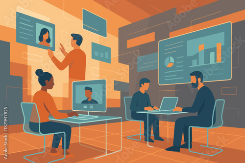 Cohesive screens icon emojis marks collaboration vector full workspace no virtual futuristic