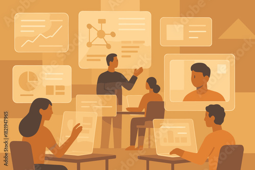 No typography illustration icon workspaces labels warm numbers space virtual captions vector